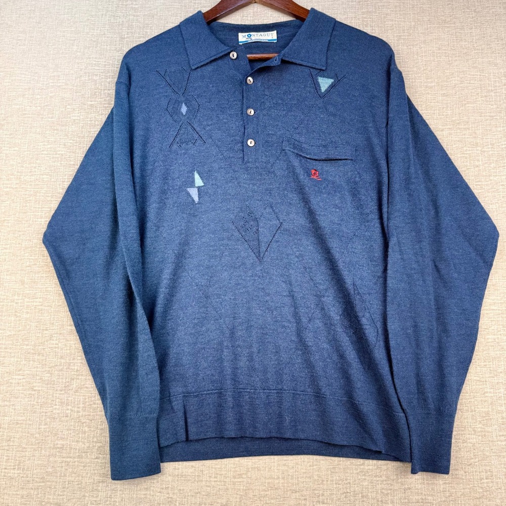 Vintage Montagut Men's Lg. Long Sleeve Polo Sweater  Geometric Pointelle Knit